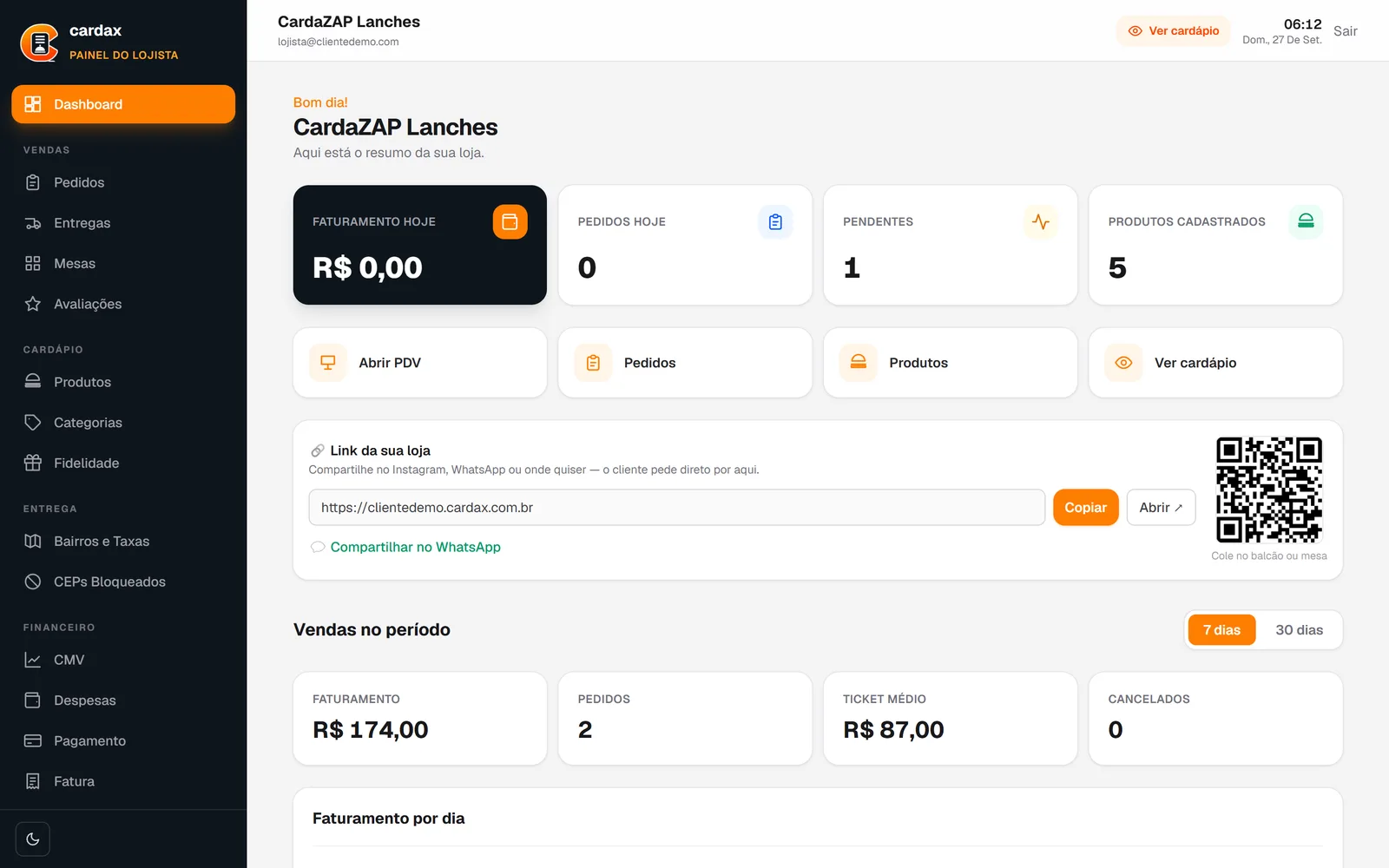 Painel do lojista cardax